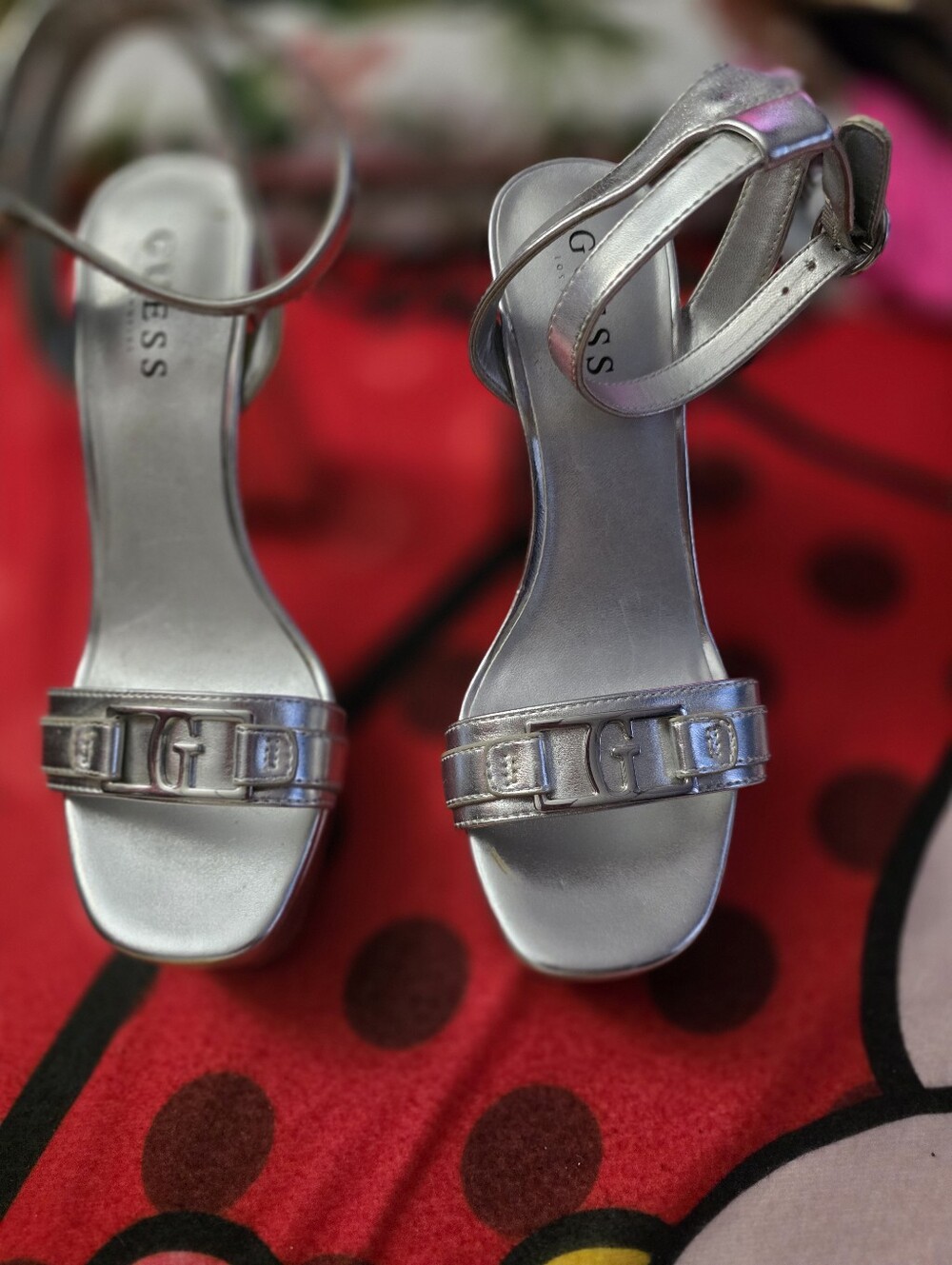 Guess Metallic Silver Open-Toe Ankle-Strap Heels
